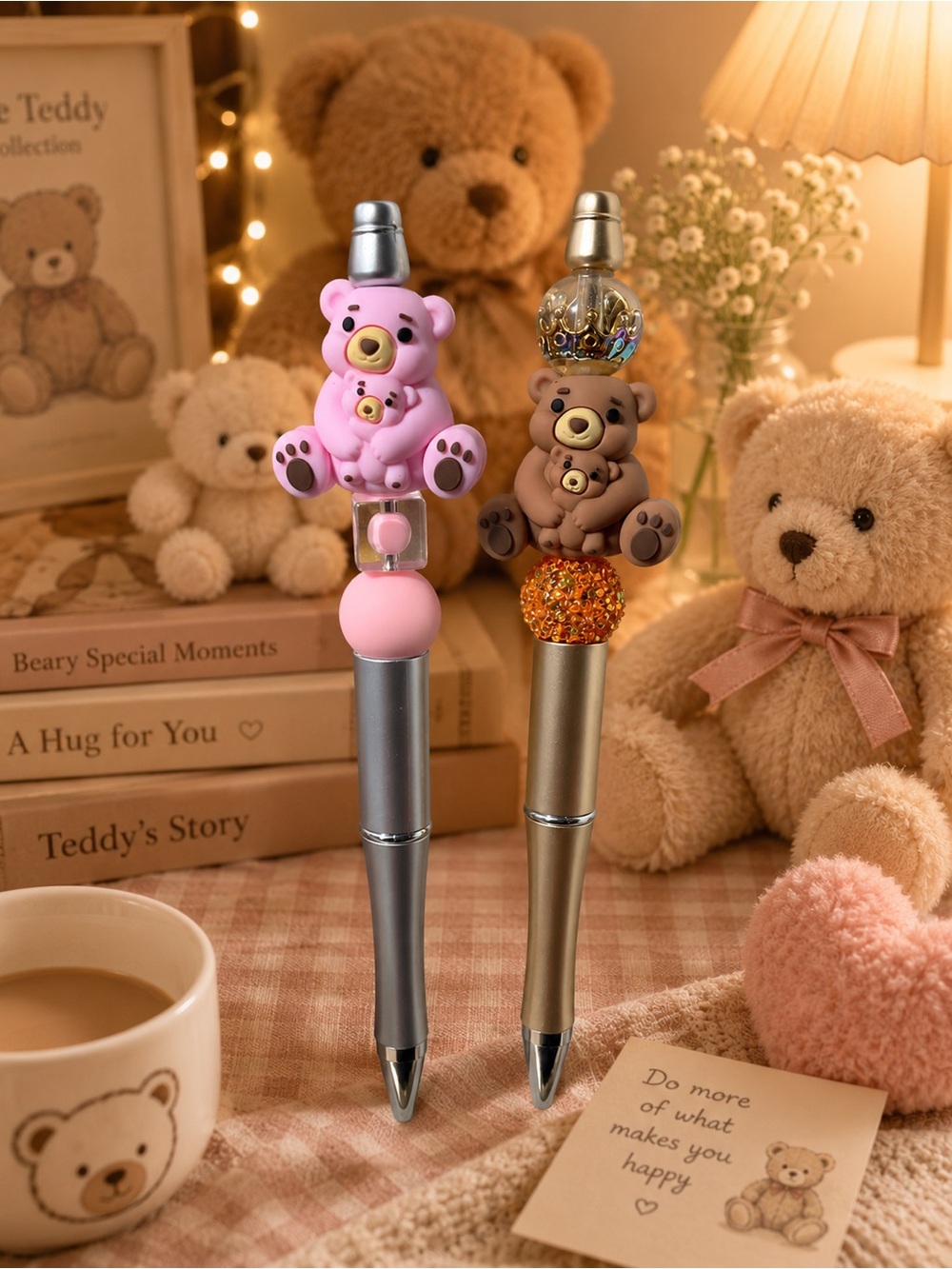 1pc Cute Teddy Bear Topper Ballpoint Pen - Pink & Brown